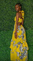 Yellow Polka Dot Flower Print Maxi Dress With Halter Top Neckline