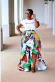 Art deco print maxi skirt with ruffle details and elastic waistline